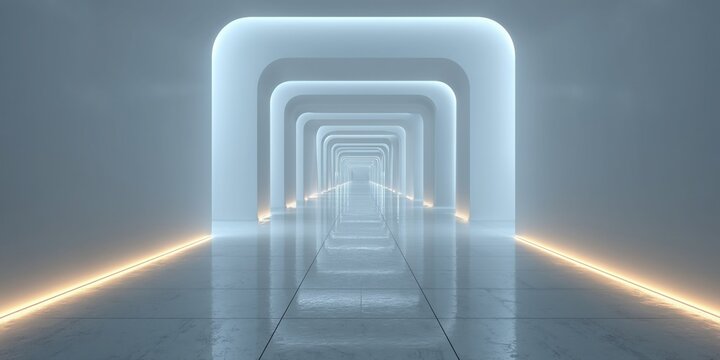 Futuristic neon light tunnel with glowing arch structures, minimalist architecture, symmetrical path, sleek reflective floor, ambient illumination, modern design concept, digital immersion