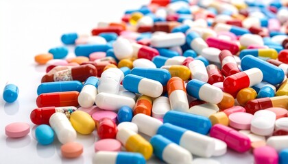 Scattered multicolored capsules and tablets on white background pills medicine