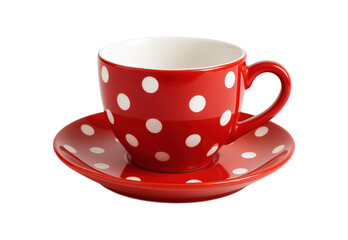 A classic bright red teacup and saucer with a white polka dot pattern, for tea or coffee, Isolated on Transparent and White Background
