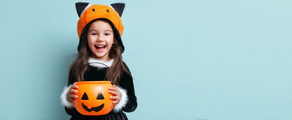 The joyful girl in a Halloween costume holding a pumpkin bucket.