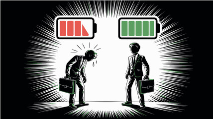 Businessmen with low and high battery levels showing burnout and energy contrast concept
