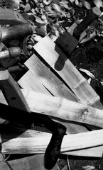 Woodworking with tools and wood shavings