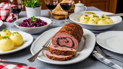 Sliced meat roulade served on a platter for a festive dinner with potatoes and red wine, representing holiday celebration and traditional homemade european cuisine