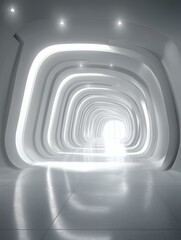 Obraz premium Futuristic white tunnel with curved architectural structures, minimalist design, glowing light accents, and reflective floor—ideal for wallpaper, poster, modern interior design