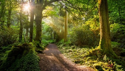 Obraz premium sunlight streams through the lush green canopy illuminating a forest path in a serene woodland scene