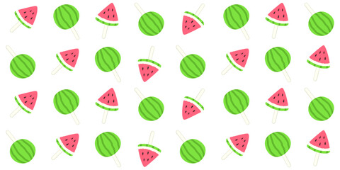 A whole green watermelon and its red slices on a stick on a white background. Fruit pieces. Summer endless texture with watermelon-shaped popsicles. Vector seamless pattern for surface texture, print