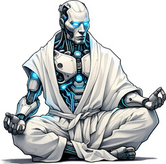 Man in kimono doing yoga pose futuristic robot illustration