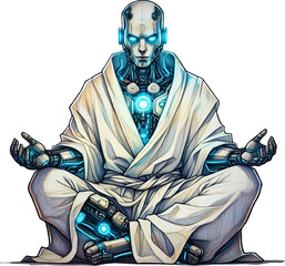 Man sitting in lotus yoga pose futuristic cyborg robot with mask and skeleton elements in blue and black sci-fi style