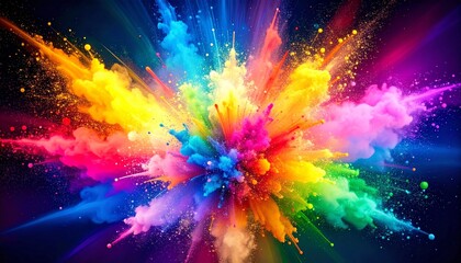 Vibrant rainbow powder explosion with glowing particles abstract color