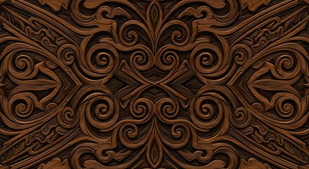 Intricate Wood Carving with Ornamental Swirls and Tribal Symmetry