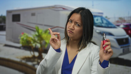 Woman vaping outdoors while gesturing no in an urban street setting with vans in the background,...