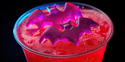 Halloween craft drink with red beverage and bat shaped ice cubes creating spooky festive atmosphere perfect for seasonal celebration and party enjoyment