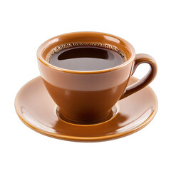 A full cup of dark brown coffee sits on a matching saucer.  The ceramic is subtly glossy, reflecting light