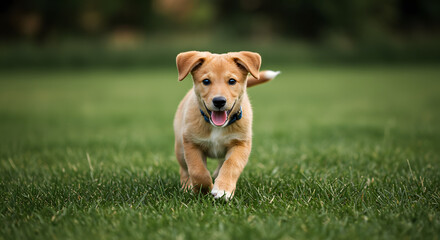 Playful puppy running joyfully in a green field with soft sunlight – adorable and lively pet moment perfect for animal lovers, outdoor lifestyle, happiness, and heartwarming scenes

