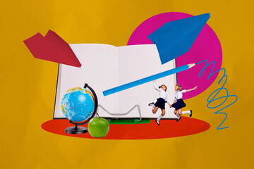 Creative composite sketch design artwork collage of two young girl jump open book paper plane globe...