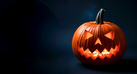 Naklejka premium Carved jack-o'-lantern with glowing eyes and a candle inside against a dark blue background. Concept for halloween festivities and spooky autumn celebrations