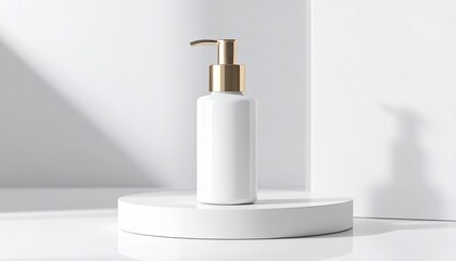 White serum bottle with gold pump on white podium minimalistic clean