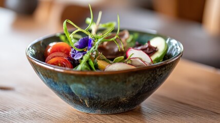 Fresh vegan poke bowl with edible flowers, vegetables, and greens resting on wooden table