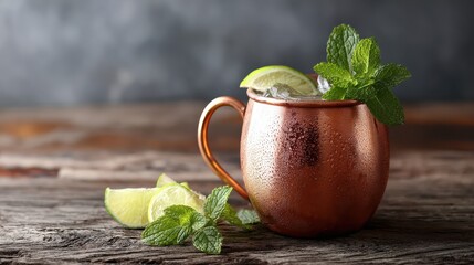 Refreshing moscow mule cocktail sitting on rustic wooden table