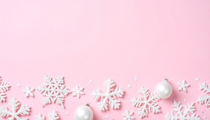 White snowflakes and baubles on pink background Christmas ornaments