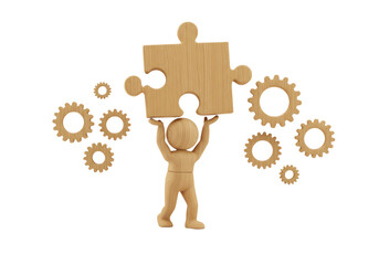 Isolated Wooden Figure Holding Puzzle Piece with Gears