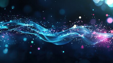 Fototapeta premium Abstract Blue and Pink Glowing Wave Background with Sparkling Particles