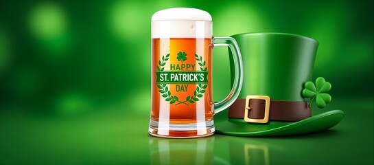 Beer mug with "happy st. patrick's day!" text and a shamrock next to a green leprechaun hat. Perfect for st. patrick's day celebrations and irish themed events