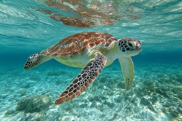 Obraz premium Sea turtle swimming gracefully in crystal clear turquoise ocean water