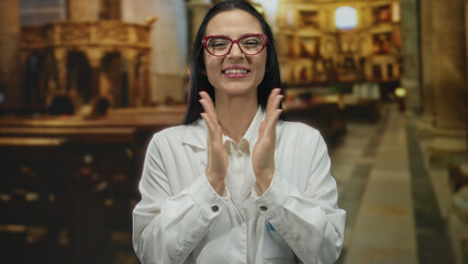 Woman wearing white lab coat with red glasses using expressions in a church setting illustrating a...