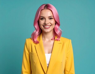 Smiling person with pink hair in yellow jacket.
