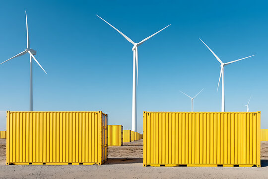 Bright yellow containers stand in a stark contrast to the white wind turbines in the background. A vivid interplay of industry and renewable energy.