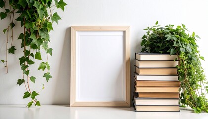 Wooden frame with ivy and stacked books mockup green plant