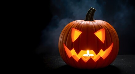 Obraz premium Carved jack-o'-lantern with glowing eyes and a candle inside against a dark, smoky background. Concept for halloween festivities and spooky autumn celebrations