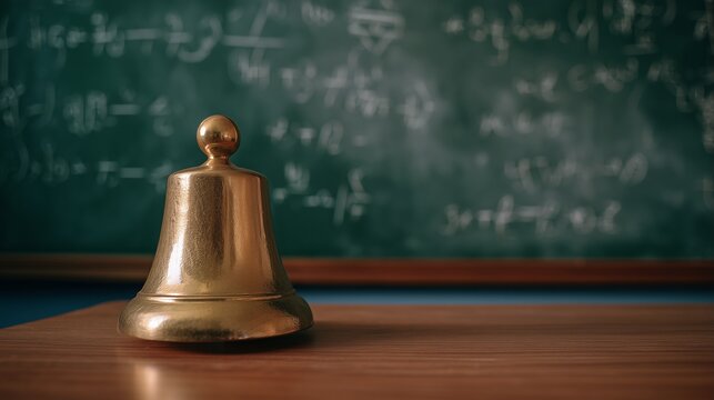 Shiny golden school bell placed on a wooden desk in a classroom. Green chalkboard with math equations in the background. Education symbol representing school routine, discipline, and lessons.