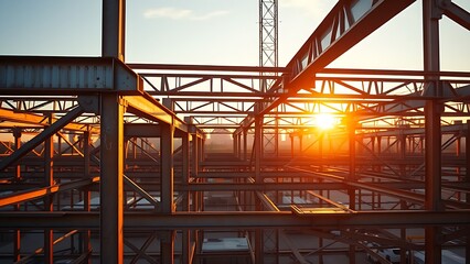 Fototapeta premium Geometric steel beams under golden hour light, showcasing industrial strength and architectural beauty.