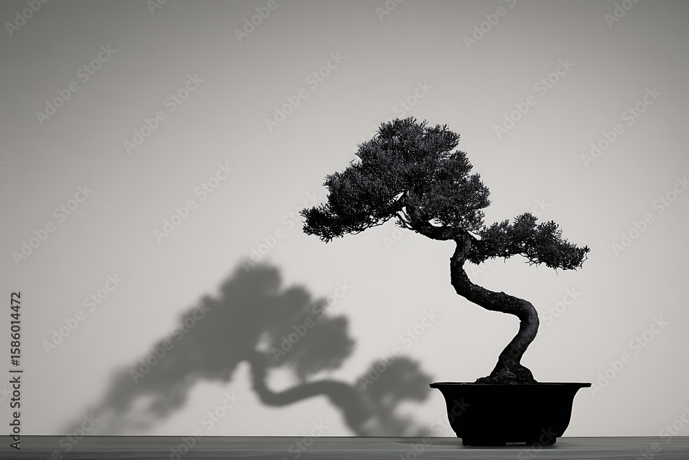 Poster bonsai tree silhouette with twisted trunk casting a long shadow against a minimalist background repr