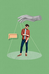 Poster art collage of person stand under human hand with speech bubble green background