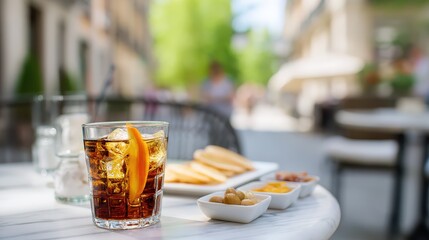 Refreshing vermouth cocktail with tapas on a sunny terrace in barcelona