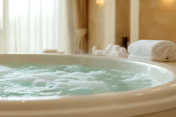 Relaxing in a warm jacuzzi with soft lighting and fresh towels is the perfect way to unwind. Enjoy the bubbly water!