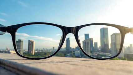 Modern city skyline reflected in eyeglasses high resolution photo