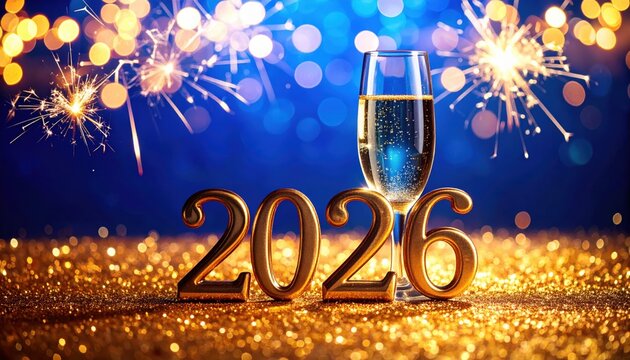 2026 New Year Celebration with Champagne and Sparklers on Glitter Background