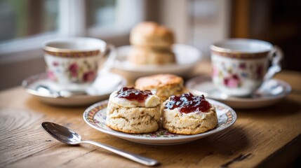 Delicious homemade scones with butter, strawberry jam and teacups ready for afternoon tea