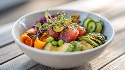Delicious tuna poke bowl with fresh vegetables and sesame seeds on wooden table
