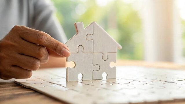 Hand placing puzzle piece shaped like a home into large property layout — perfect fit for investment
