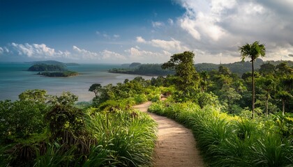 Fototapeta premium a lush secluded island landscape with a winding path through untouched natural surroundings