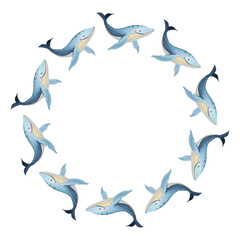 Watercolor round frame with whale, sperm whale, narwhal, fish. Marine template for postcard, invitation, logo, quote. Illustration on white background © Olga Osipchuk	