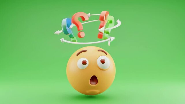 Animation of a confused emoji with question marks on a green screen, transparent background, symbolizing doubt, uncertainty, problem-solving, and the concept of a difficult choice
