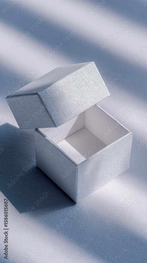 Aufkleber a small, textured white box with its lid open, casting soft shadows on a smooth surface under diffus