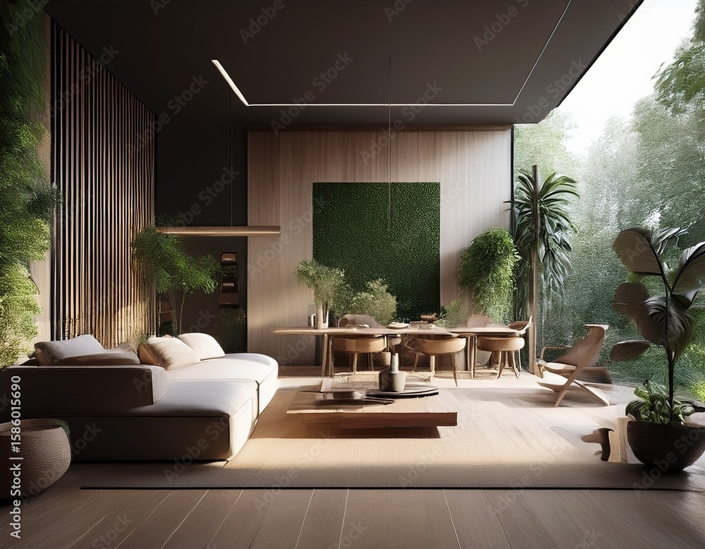 Poster a detailed 3d rendering of a stylish functional and open concept home layout with minimalist decor a
