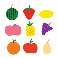 Various fruits clipart. Watermelon, strawberry, lemon, peach, pineapple, grapes, apple, orange, apple, pear.